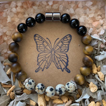 Load image into Gallery viewer, DALMATIAN JASPER / TIGERS EYE / BLACK TOURMALINE BRACELET